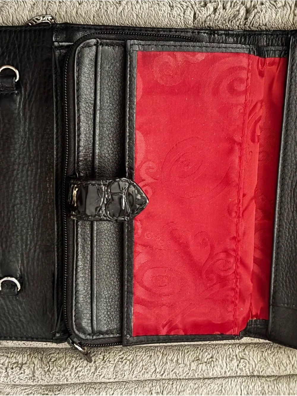 Brighton Black Croc-Embossed Patent Wallet with Silver Filigree Buckle